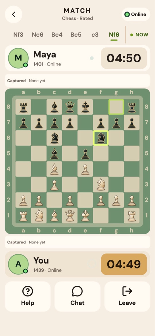 A rated chess game in JoinPal, with both clocks and the move list.