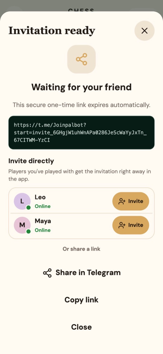 JoinPal's invitation screen: invite a recent opponent directly or share a one-time link. Shown here for a chess game.