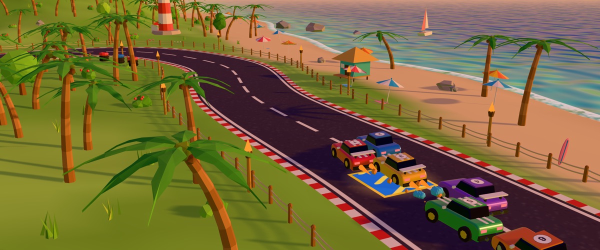 Sunset Bay, one of the five racing tracks, drawn by JoinPal's own 3D renderer.